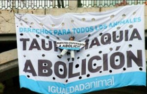 Un manifestant anti-corrida suspendu à un pont du centre de Madrid, le 12 mars 2010